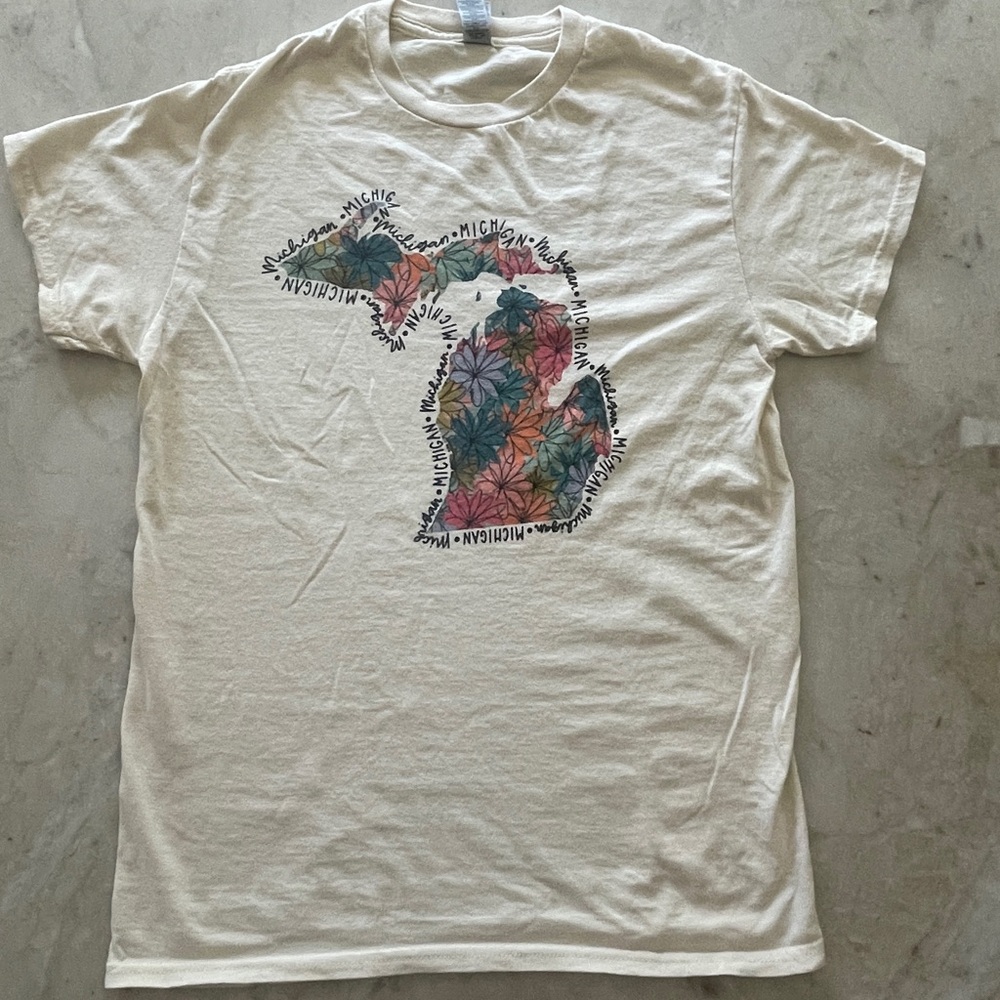 White and multi-colored Michigan flower t-shirt